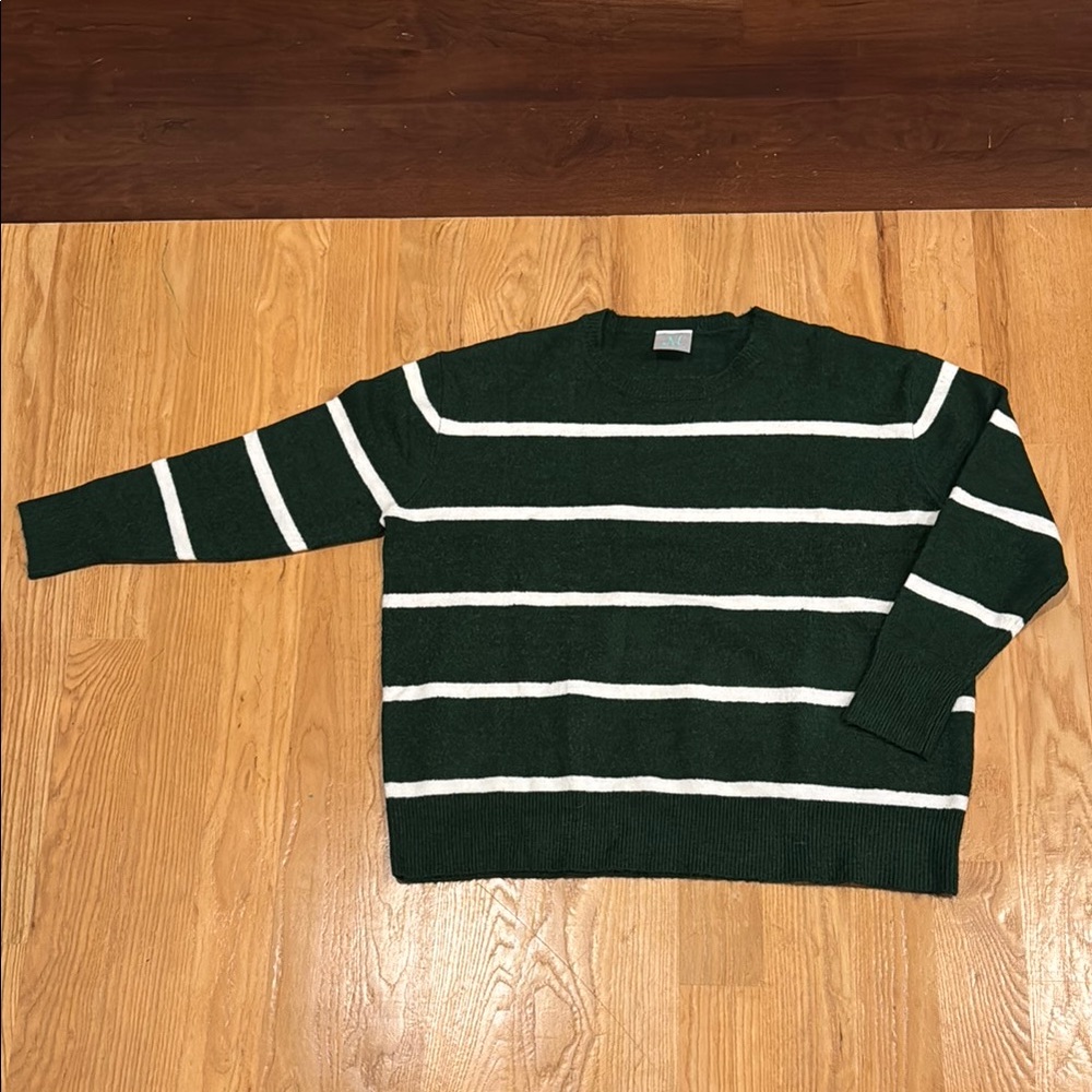 Green Crewneck Sweater with White Stripes